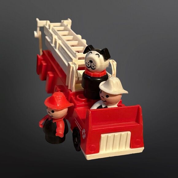 Vintage 1980s Fisher-Price Firetruck Firemen & Puppy Dog Set Red Black White - Picture 12 of 15